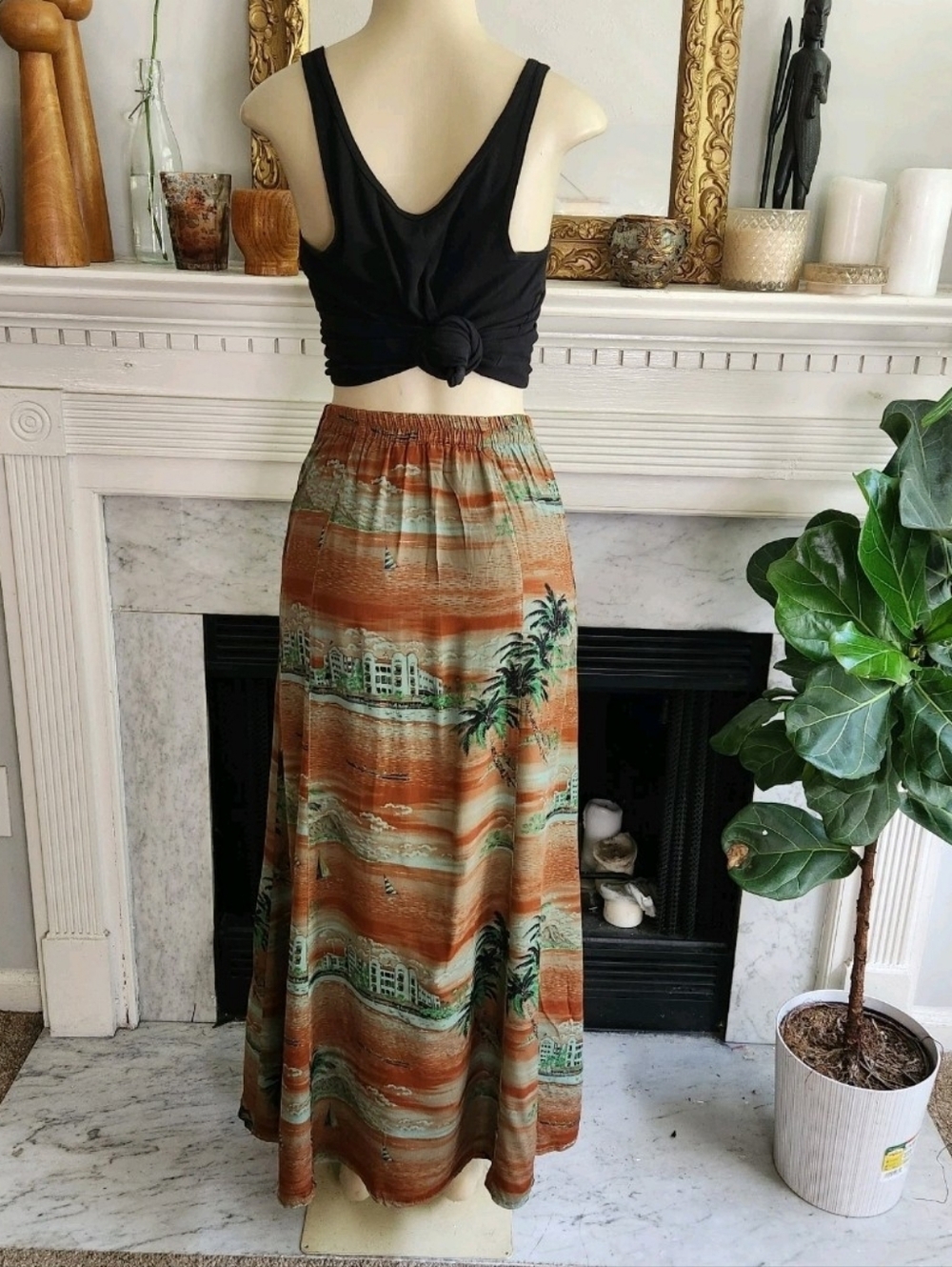 Vintage 90s Y2K Citron Brown Maxi Skirt Green Hawaiian Print Beach Size Small - Picture 5 of 10
